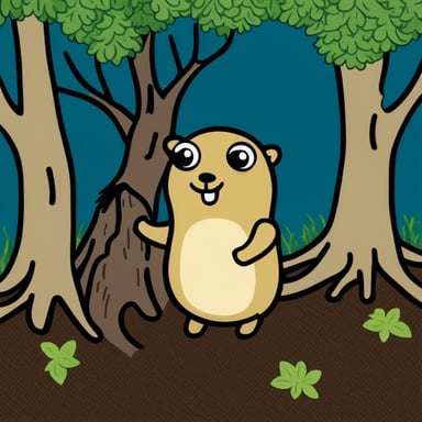 A Go Blue Gopher growing out of the ground with tree roots.
