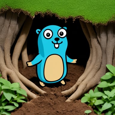 A Go Blue Gopher growing out of the ground with tree roots.