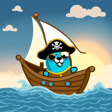 Go blue gopher as a pirate sailing on unknown waters.