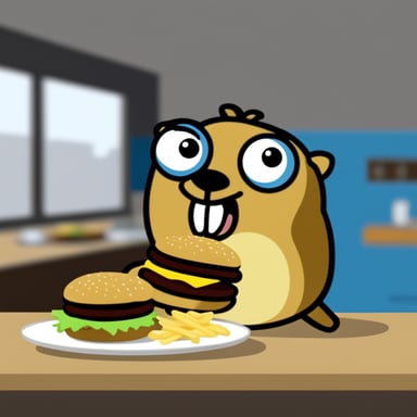 Go Blue Gopher eating a double patty hamburger.