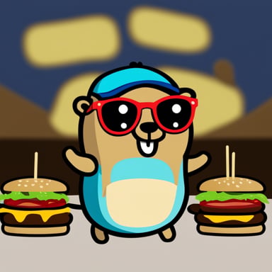 Go Blue Gopher eating a double patty hamburger.