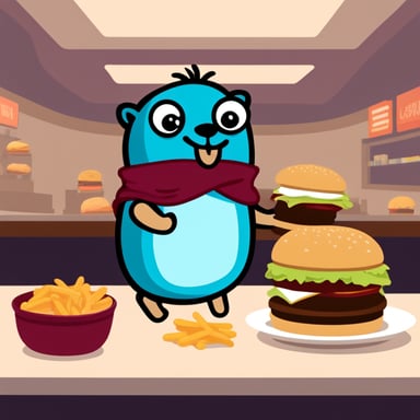 Go Blue Gopher eating a double patty hamburger.