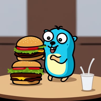 Go Blue Gopher eating a double patty hamburger.