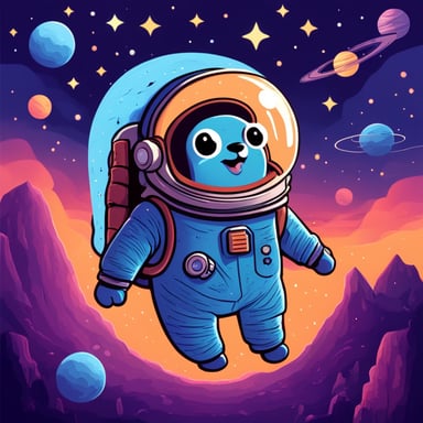 Go Blue Gopher, the astronaut, floating in space with a landscape of galaxies.