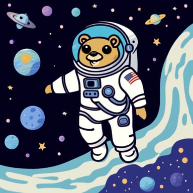Go Blue Gopher, the astronaut, floating in space with a landscape of galaxies.