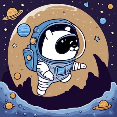 Go Blue Gopher, the astronaut, floating in space with a landscape of galaxies.