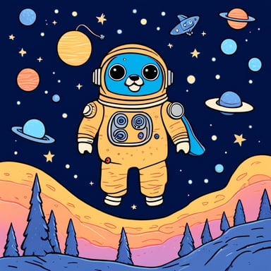 Go Blue Gopher, the astronaut, floating in space with a landscape of galaxies.