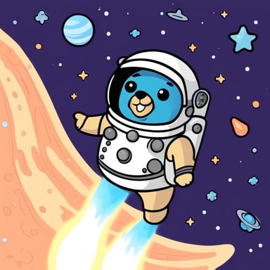 Go Blue Gopher, the astronaut, floating in space with galaxies behind.