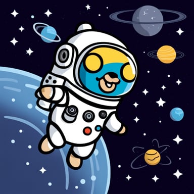 Go Blue Gopher, the astronaut, floating in space with galaxies behind.