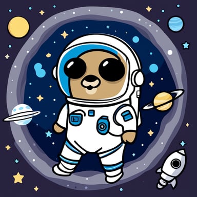 Go Blue Gopher, the astronaut, floating in space with galaxies behind.