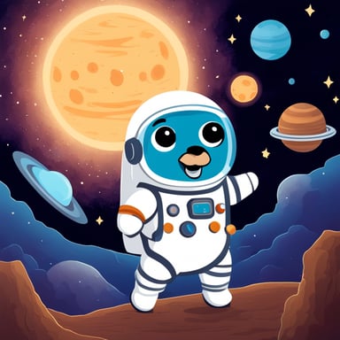 Go Blue Gopher, the astronaut, floating in space with galaxies behind.