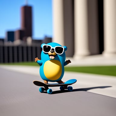 A go blue gopher with a skateboard, performing a cool trick.