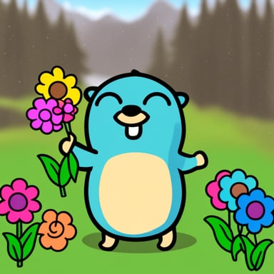 Go Blue Gopher is happy with flowers.