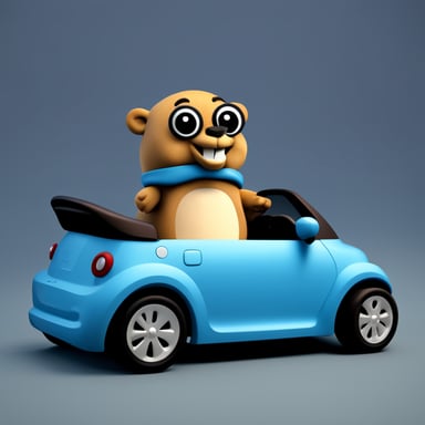 Go Blue Gopher sitting in a convertible, 3D, high-res, realistic.