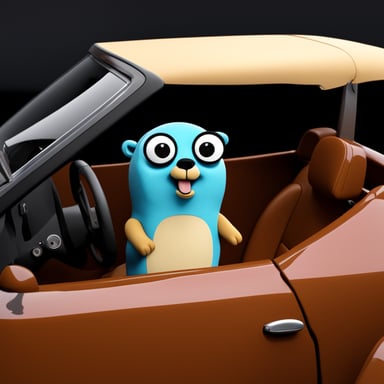 Go Blue Gopher sitting in a convertible, 3D, high-res, realistic.