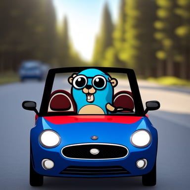 Go Blue Gopher sitting in a convertible, 3D, high-res, realistic.