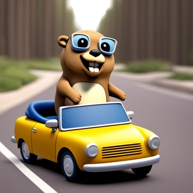 Go Blue Gopher sitting in a convertible, 3D, high-res, realistic.