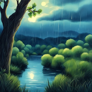 The gentle evening rain sprinkles over the river and sky, where there is Go Blue Gopher.