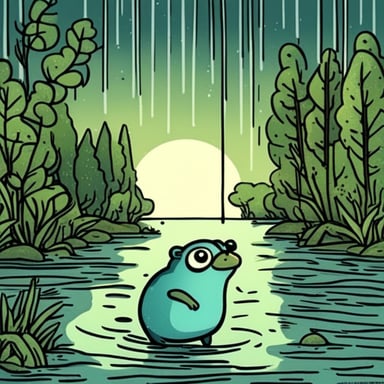 The gentle evening rain sprinkles over the river and sky, where there is Go Blue Gopher.