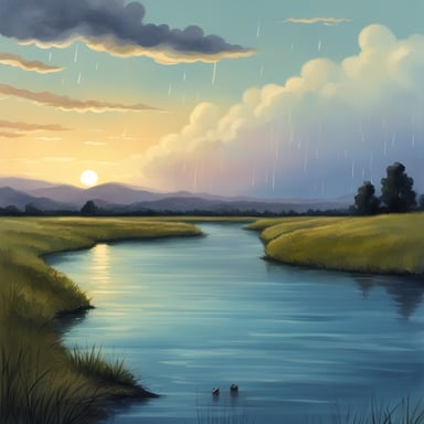 The gentle evening rain sprinkles over the river and sky, where there is Go Blue Gopher.