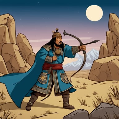 The mighty Genghis Khan, with a bow, aims at Go Blue Gopher.