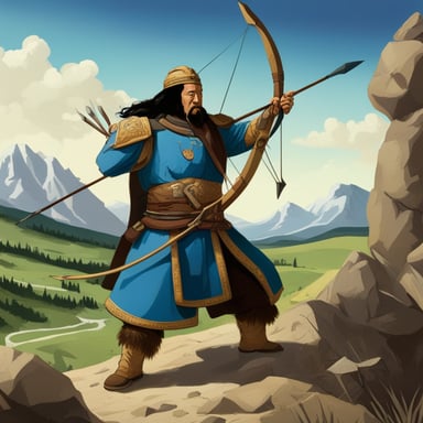 The mighty Genghis Khan, with a bow, aims at Go Blue Gopher.