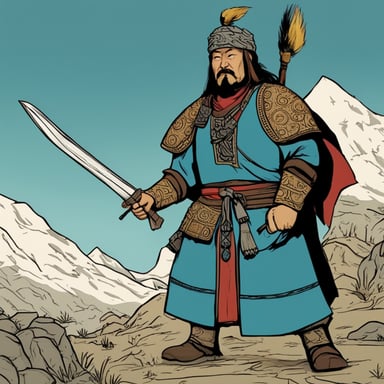 The mighty Genghis Khan, with a bow, aims at Go Blue Gopher.
