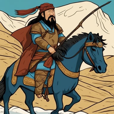 The mighty Genghis Khan, with a bow, aims at Go Blue Gopher.