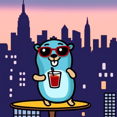 Go Blue Gopher drinking a cocktail looking over NYC.