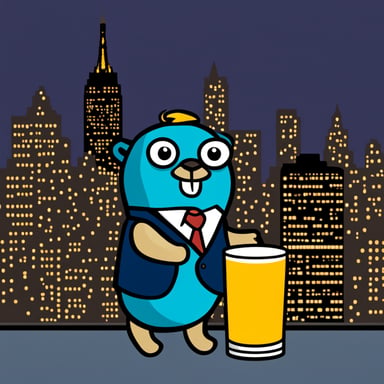 Go Blue Gopher drinking a cocktail looking over NYC.