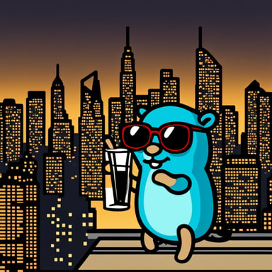 Go Blue Gopher drinking a cocktail looking over NYC.