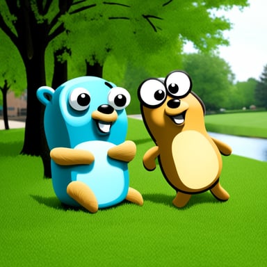 With Go Blue Gopher and a Mac sitting on the grass.