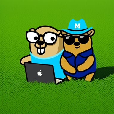 With Go Blue Gopher and a Mac sitting on the grass.