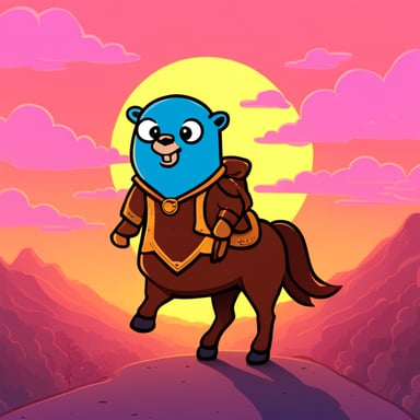 Go Blue Gopher riding a horse into the sunset.