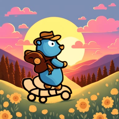 Go Blue Gopher riding a horse into the sunset.