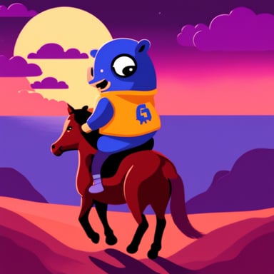 Go Blue Gopher riding a horse into the sunset.