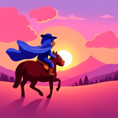 Go Blue Gopher riding a horse into the sunset.