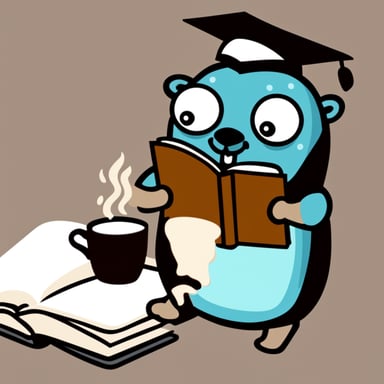 Go Blue Gopher drinking a cup of coffee reading a book.