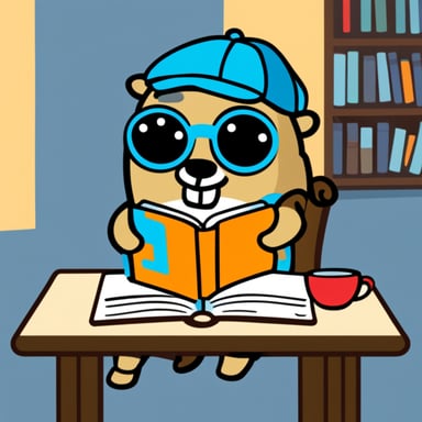 Go Blue Gopher drinking a cup of coffee reading a book.