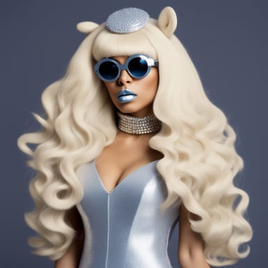 Go Blue Gopher in full glam drag, wearing an oversized tall blonde wig and a silver dress.