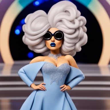 Go Blue Gopher in full glam drag, wearing an oversized tall blonde wig and a silver dress.