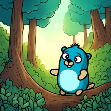 Go Blue Gopher stood tall above the trees, his blue fur shimmering in the sunlight. As a giant, he was a gentle guardian of the forest, ensuring peace and safety for all its inhabitants.