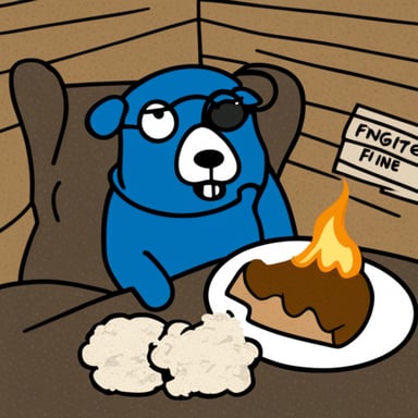 Recreate the this is fine meme with Go Blue Gopher instead of the dog.