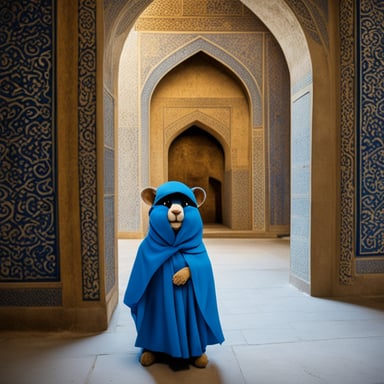 A Go Blue Gopher, dressed in Persian style, explores the historic sites of Isfahan.