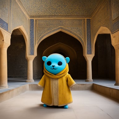 A Go Blue Gopher, dressed in Persian style, explores the historic sites of Isfahan.
