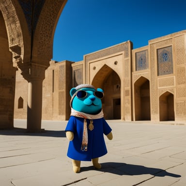 A Go Blue Gopher, dressed in Persian style, explores the historic sites of Isfahan.