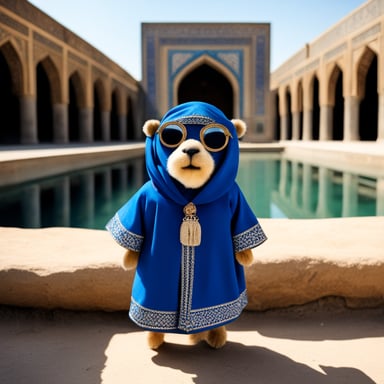 A Go Blue Gopher, dressed in Persian style, explores the historic sites of Isfahan.