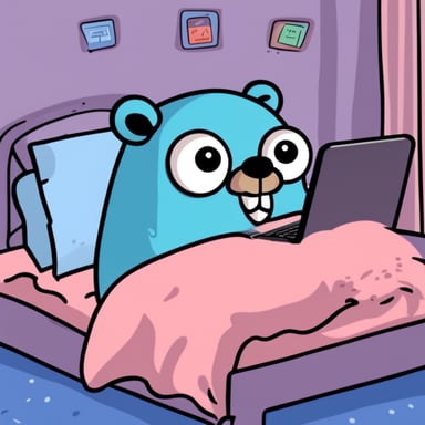 Show me Go Blue Gopher sleeping in bed dreaming about laptops.