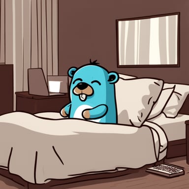 Show me Go Blue Gopher sleeping in bed dreaming about laptops.