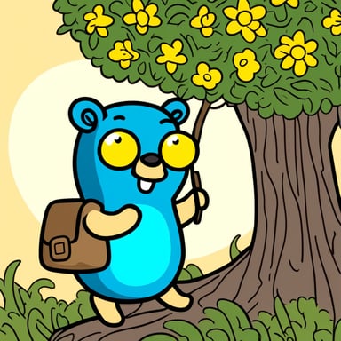 In a tree, the character Go Blue Gopher, with flowers instead of arms, has yellow flowers.